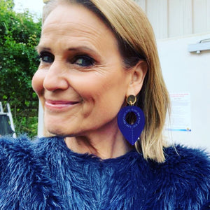 Shaynna Blaze Wearing Maine And Mara Royal Blue And Gold Statement Earrings, Handmade in Australia