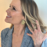 Happy Shaynna Blaze Wearing Brushed Gold Wings Statement Earrings, Handmade In Australia