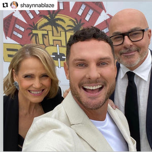 The Block Judges Smiling Into Camera, Shaynna Blaze Wearing Maine And Mara Silver Glittery Statement Earrings, Handmade In Australia