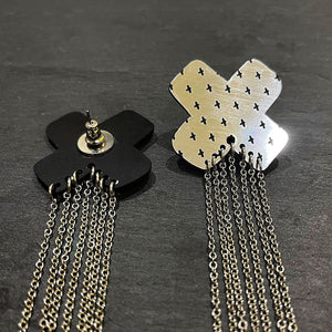 Pair Of Maine And Mara Unisex Gold Cross BISOUS KISSES Statement Dangles With Gold Dangle Chains, Shown Front And Back