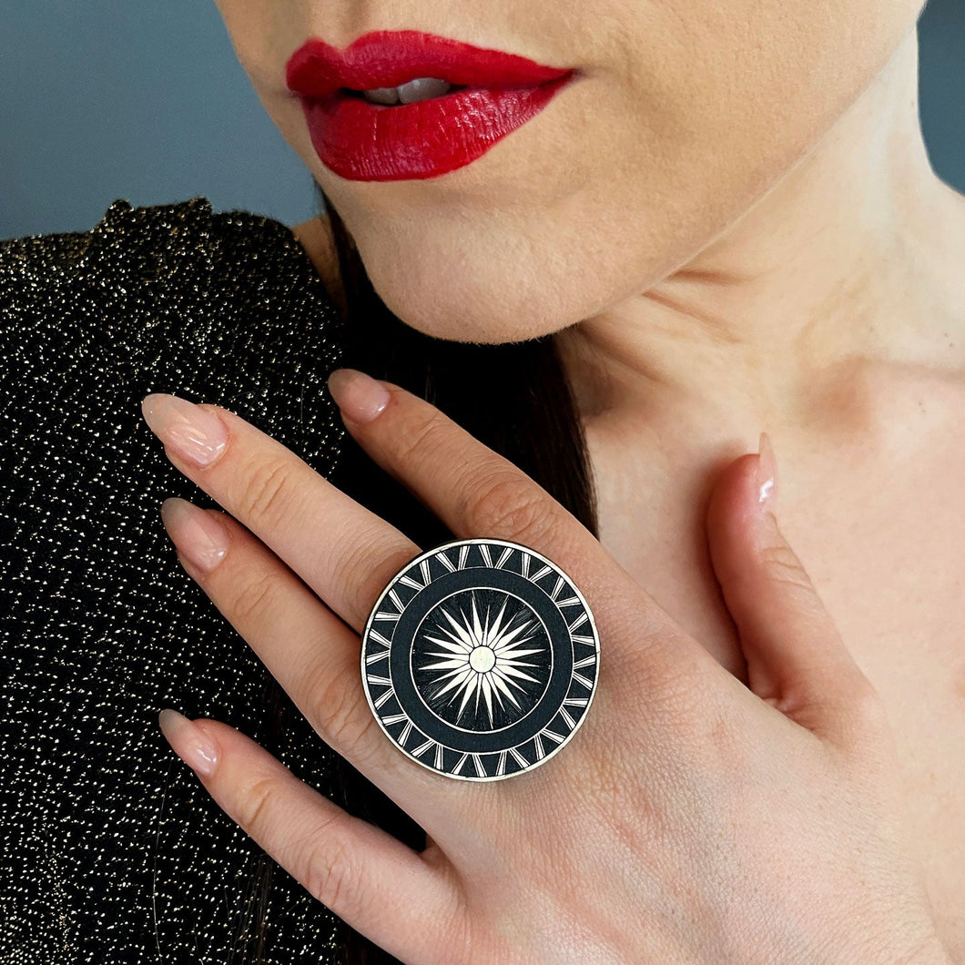 Ring WONDER WOMAN SHIELD RING | Black and Gold Adjustable Rings Art Deco adjustable rings | handmade in Sydney