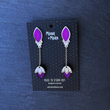 Load image into Gallery viewer, Handmade Modern Maine And Mara Magnetic Stackable Purple And Silver CLIP ON ATHENA Earrings Displayed With Packaging