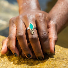Load image into Gallery viewer, Maine And Mara Handmade In Australia MARQUISE WARRIOR Art Deco Ring In Emerald Worn On Hand