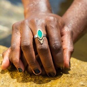 Maine And Mara Handmade In Australia MARQUISE WARRIOR Art Deco Ring In Emerald Worn On Hand