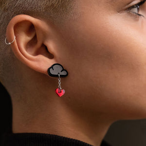 Person wearing Black and Red LOVE RAINDROPS Cloud and Heart Earrings by Maine and Mara