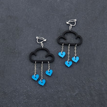 Load image into Gallery viewer, Australia-made Maine and Mara Clip on Earrings with blue HEARTS and black CLIP ON LOVE RAIN DANGLES