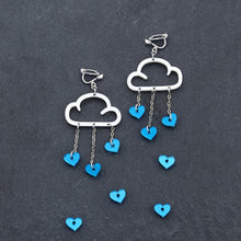Load image into Gallery viewer, Handmade Maine and Mara Clip on Earrings with blue HEARTS and WHITE CLIP ON LOVE RAIN DANGLES