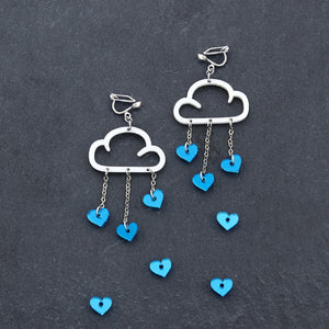 Handmade Maine and Mara Clip on Earrings with blue HEARTS and WHITE CLIP ON LOVE RAIN DANGLES
