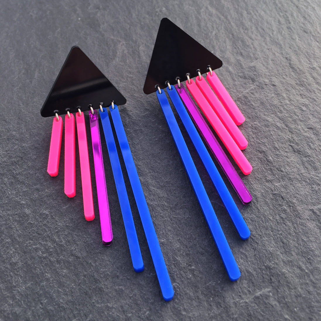Australian made Maine and Mara Modern CLIP ON BIFURIOUS DANGLES Bisexual Pride Earrings