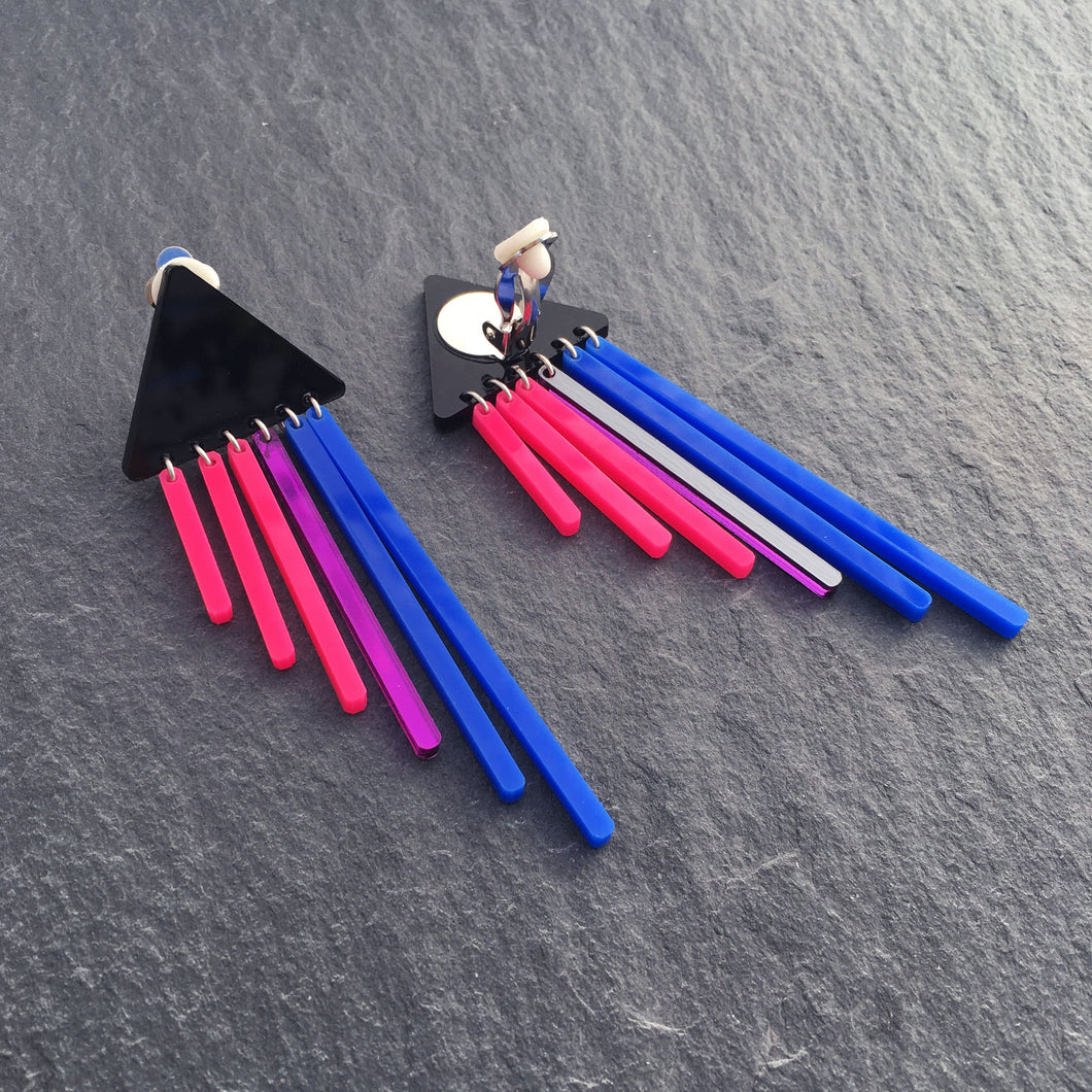 Australian made Maine and Mara Modern CLIP ON BIFURIOUS DANGLES Bisexual Pride Earrings front and back