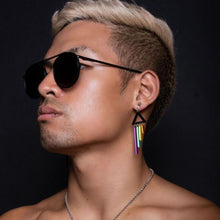 Load image into Gallery viewer, Person wearing Australian Handmade Maine and Mara Pop Colour Statement Earrings with RAINBOW Pride Dangles