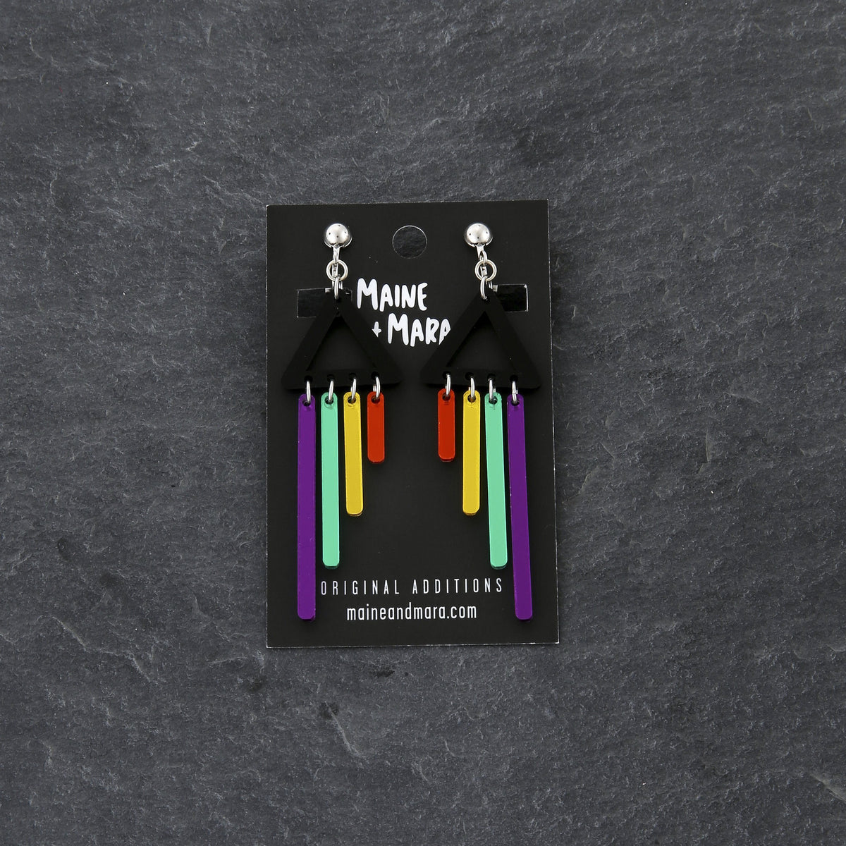 Maine and Mara handmade Clip-on Earrings with black triangle and RAINBOW Pride CHIMETTE Short Dangles on packaging