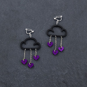 Australia-made Maine and Mara Clip on Earrings with purple HEARTS and black CLIP ON LOVE RAIN DANGLES
