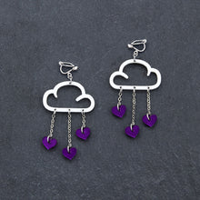 Load image into Gallery viewer, Maine and Mara Clip on Earrings with purple HEARTS and WHITE CLIP ON LOVE RAIN DANGLES
