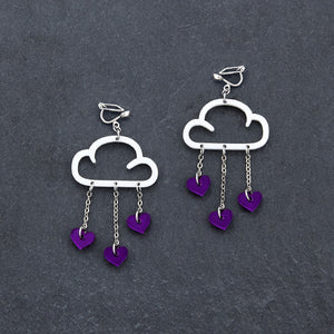 Maine and Mara Clip on Earrings with purple HEARTS and WHITE CLIP ON LOVE RAIN DANGLES
