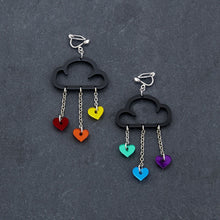 Load image into Gallery viewer, Handmade Maine and Mara Clip on Earrings with Pride RAINBOW HEARTS and black CLIP ON LOVE RAIN DANGLES