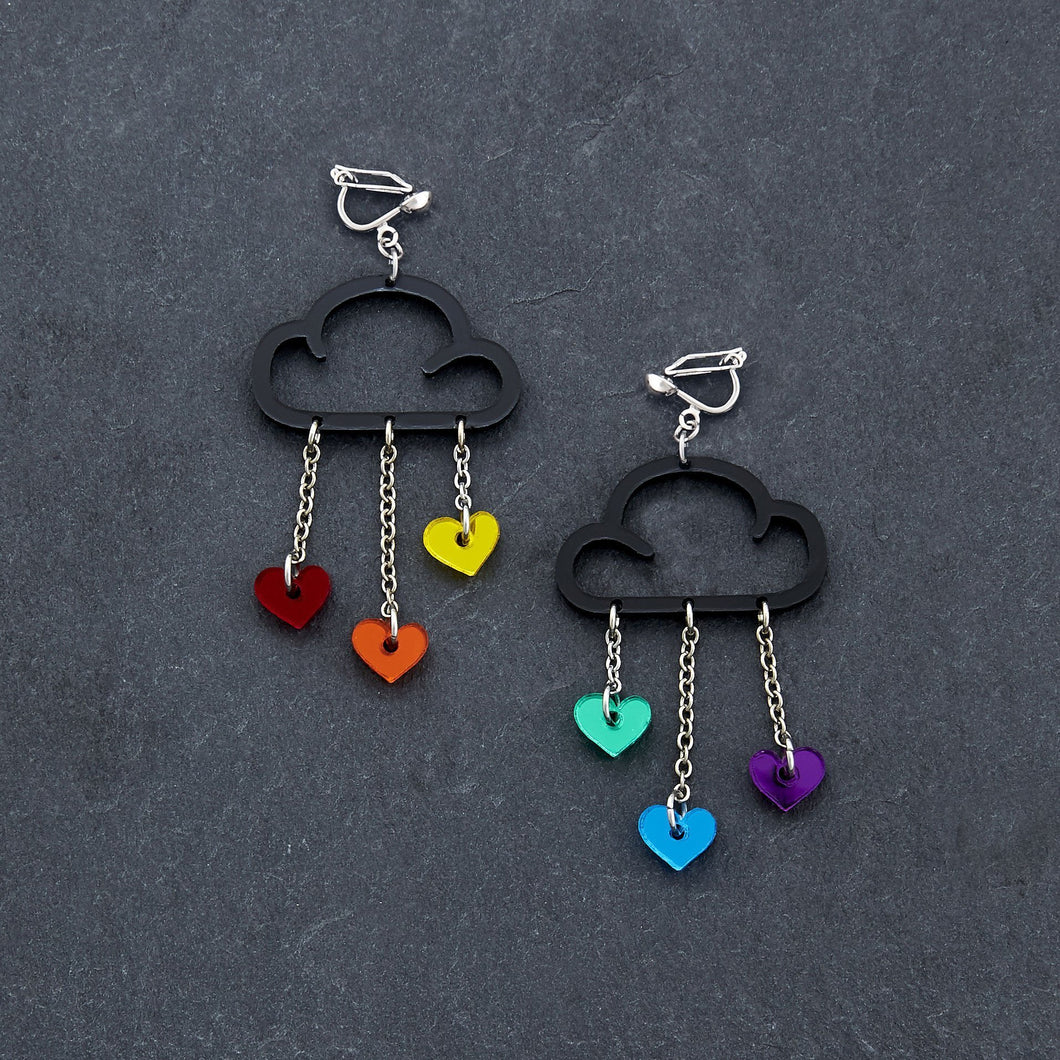 Handmade Maine and Mara Clip on Earrings with Pride RAINBOW HEARTS and black CLIP ON LOVE RAIN DANGLES
