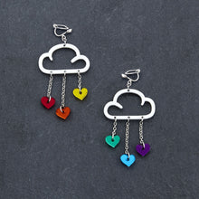 Load image into Gallery viewer, Maine and Mara Clip on Earrings with Pride RAINBOW HEARTS and WHITE CLIP ON LOVE RAIN DANGLES