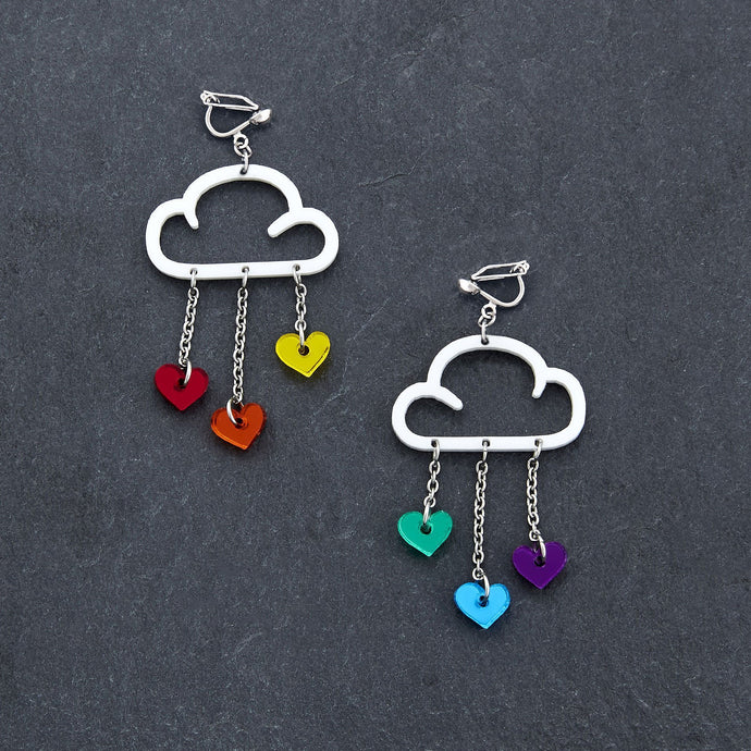 Maine and Mara Clip on Earrings with Pride RAINBOW HEARTS and WHITE CLIP ON LOVE RAIN DANGLES