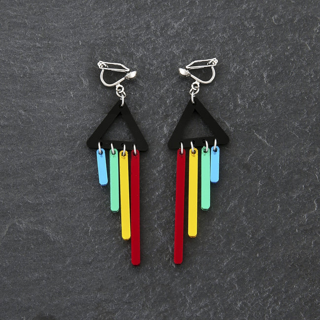 Maine and Mara handmade Clip-on Earrings with black triangle and RAINBOW Pride CHIMETTE Short Dangles