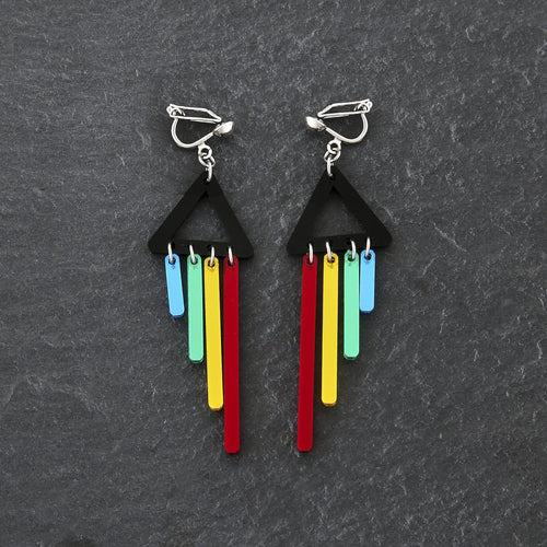 Maine and Mara handmade Clip-on Earrings with black triangle and RAINBOW Pride CHIMETTE Short Dangles