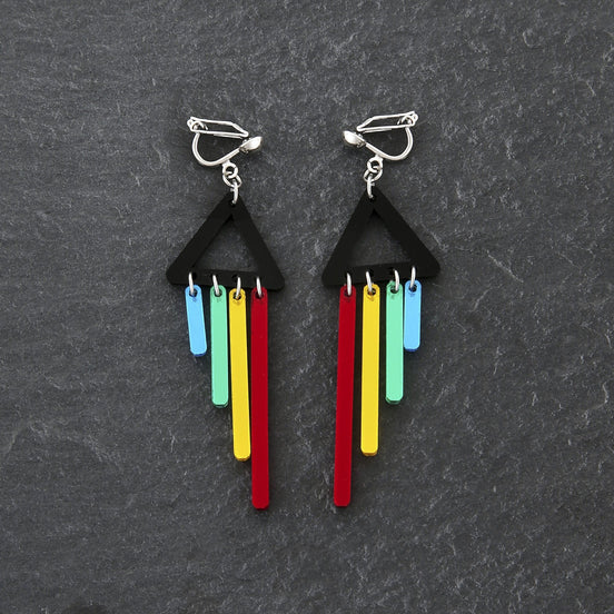 Maine and Mara handmade Clip-on Earrings with black triangle and RAINBOW Pride CHIMETTE Short Dangles