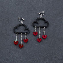 Load image into Gallery viewer, Handmade Maine and Mara Clip on Earrings with ruby HEARTS and black CLIP ON LOVE RAIN DANGLES