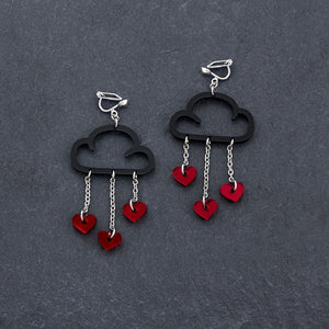 Handmade Maine and Mara Clip on Earrings with ruby HEARTS and black CLIP ON LOVE RAIN DANGLES