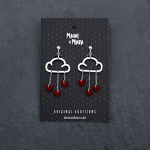 Load image into Gallery viewer, Australia-made Maine and Mara Clip on Earrings with red HEARTS and white CLIP-ON LOVE RAIN DANGLES on packaging