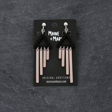 Load image into Gallery viewer, Maine and Mara handmade Clip-on Earrings with Rose Gold CHIMETTE Dangles on packaging
