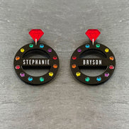 Pair Of Australian Made Maine And Mara Personalised GRANDE CROWN JEWEL Hoop Earrings In Pride Rainbow And Black