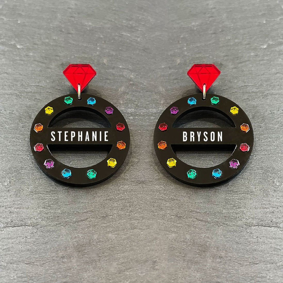 Pair Of Australian Made Maine And Mara Personalised GRANDE CROWN JEWEL Hoop Earrings In Pride Rainbow And Black