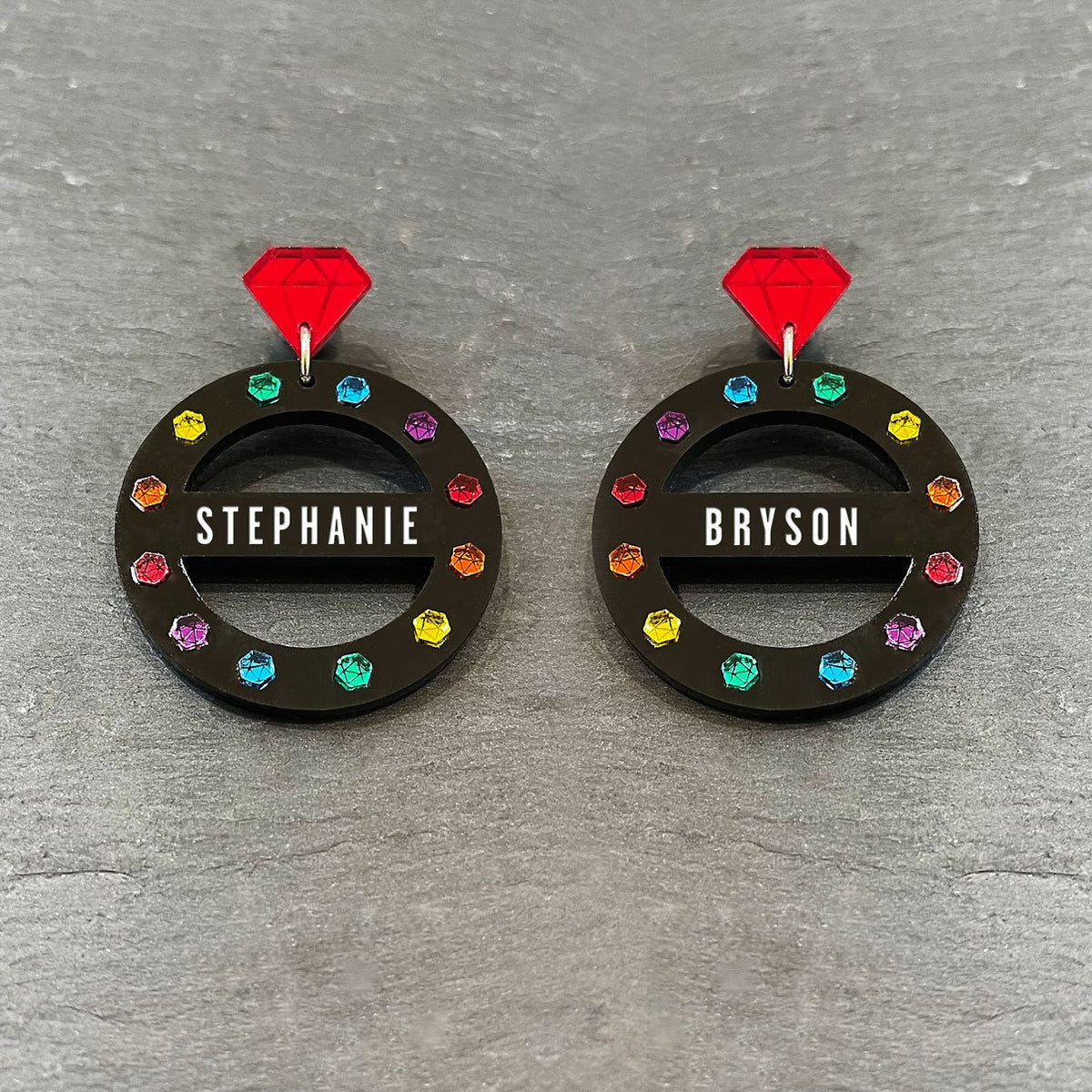 Pair Of Australian Made Maine And Mara Personalised GRANDE CROWN JEWEL Hoop Earrings In Pride Rainbow And Black