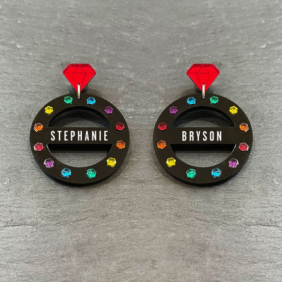 Pair Of Australian Made Maine And Mara Personalised GRANDE CROWN JEWEL Hoop Earrings In Pride Rainbow And Black