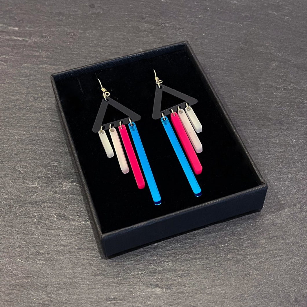 Custom Handmade Maine And Mara Chimes Triangle Earrings in Black, White, Blue And Pink In Packaging