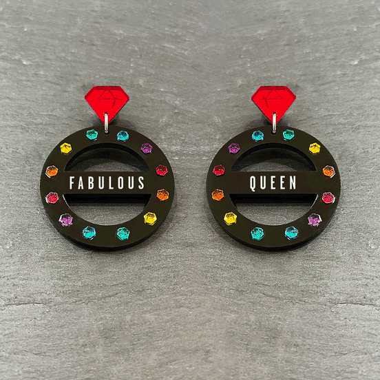 Pair Of Australian Maine And Mara Customisable Fabulous Nickel Free CROWN JEWEL Hoop Earrings In Pride Rainbow And Black