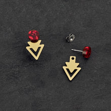 Load image into Gallery viewer, Individual pieces of Australian-made Arrow Jacket Mini Studs in ruby and gold by Maine and Mara