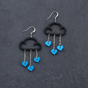 Black Cloud and Blue Love Heart Dangle Earrings with Hook handmade by Maine and Mara