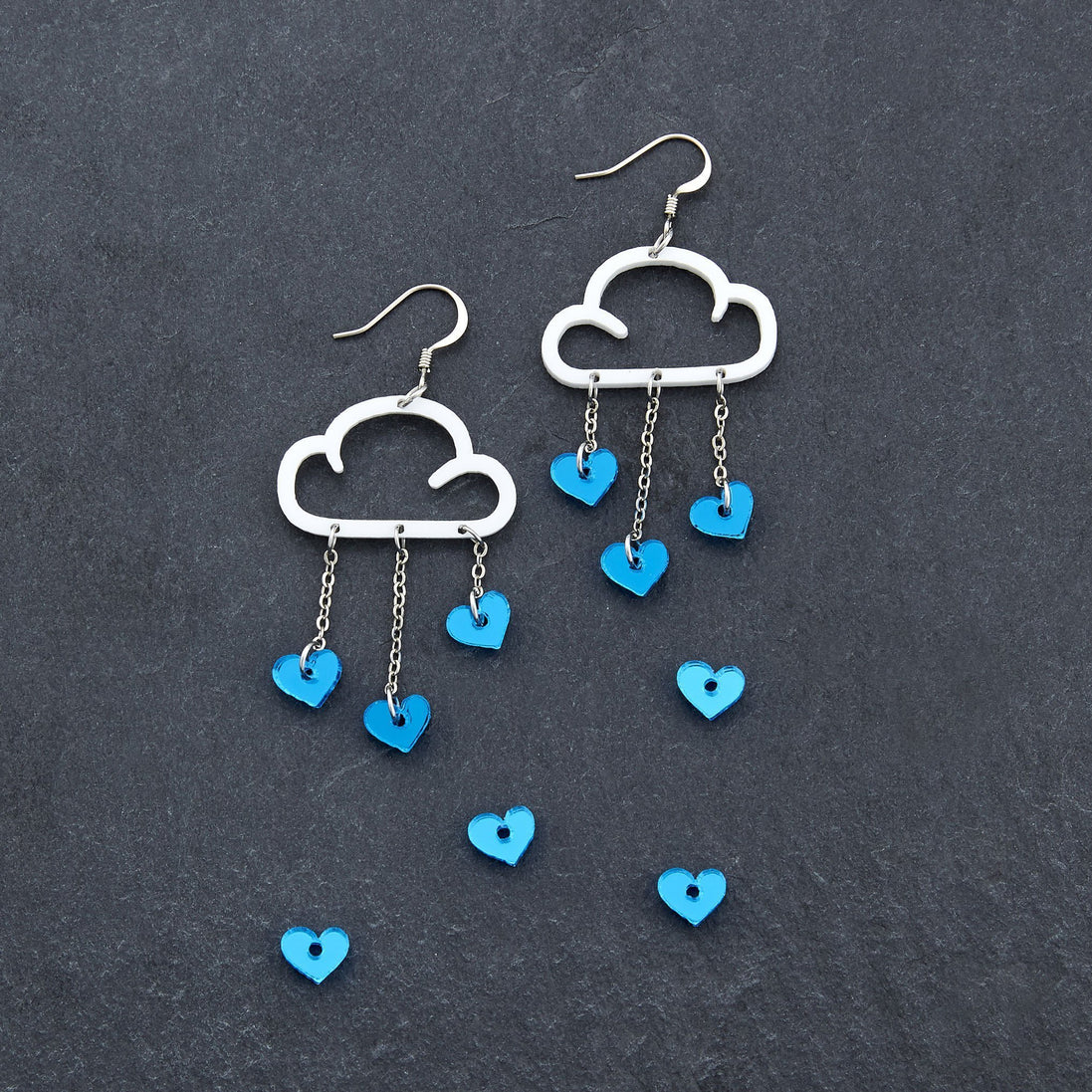 Blue Cloud and Love Heart Dangle Earrings with Hook handmade by Maine and Mara