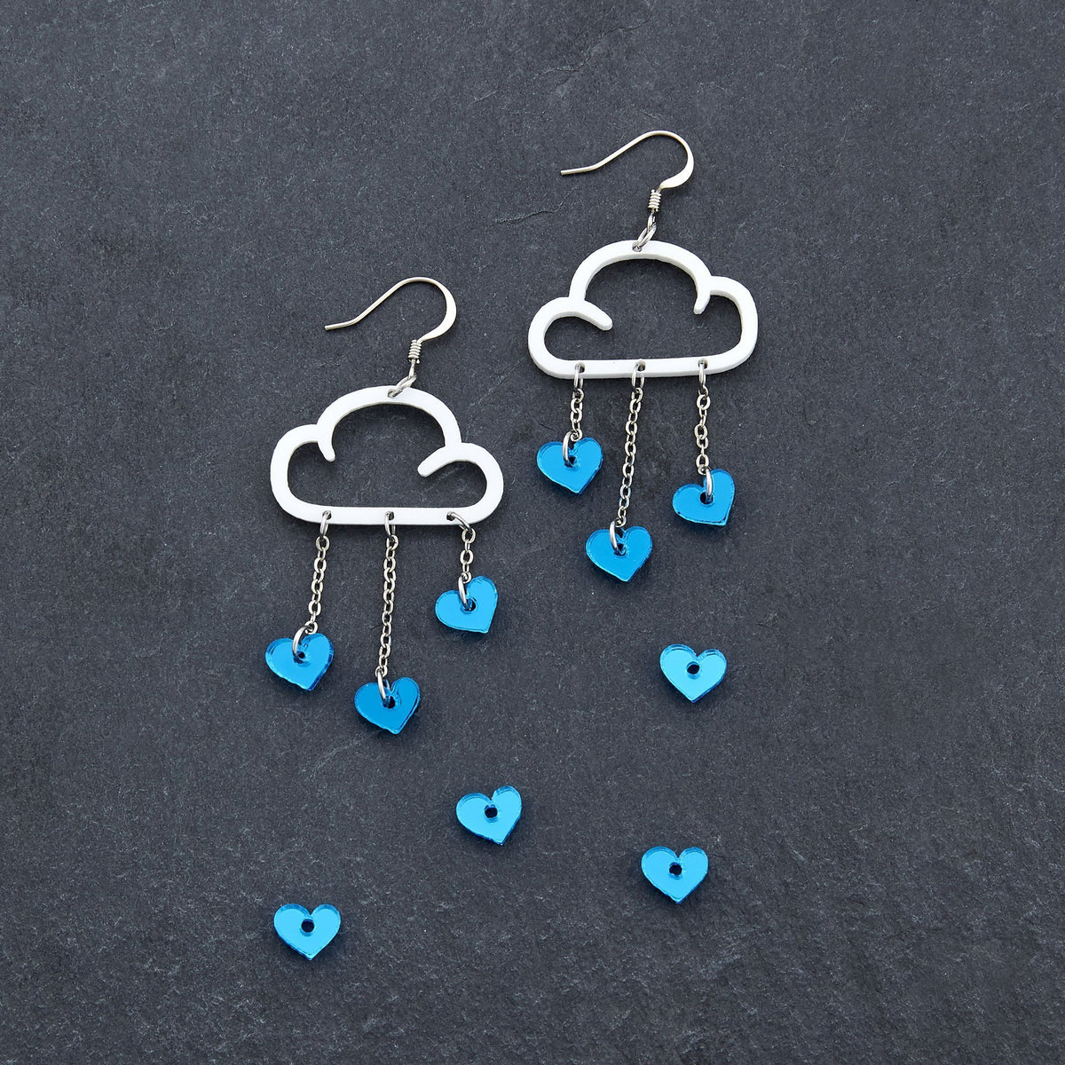 Blue Cloud and Love Heart Dangle Earrings with Hook handmade by Maine and Mara