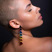 Load image into Gallery viewer, Person wearing Clip on GET DOWN Pride Rainbow Triangle Dangle Statement Earrings by Maine and Mara