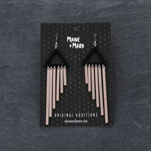 Load image into Gallery viewer, Rose Gold Colour Pop Chimes Long Dangles with Hook Statement Earrings handmade by Maine and Mara on packaging