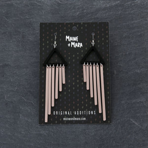 Rose Gold Colour Pop Chimes Long Dangles with Hook Statement Earrings handmade by Maine and Mara on packaging