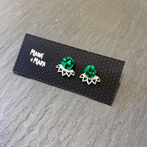 Australian Handmade Maine and Mara Lotus Jacket Glittery Mini Studs in emerald green on packaging
