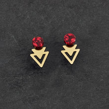 Load image into Gallery viewer, Unique Australian-made GLITTERY RUBY and GOLD Arrow Jacket Mini Studs by Maine and Mara