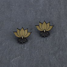 Load image into Gallery viewer, Australian meaningful handmade Maine and Mara gold LOTUS Art Deco Statement Yoga Earrings