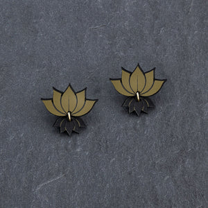 Australian meaningful handmade Maine and Mara gold LOTUS Art Deco Statement Yoga Earrings