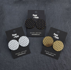 Handmade Maine and Mara Gold, Back and Silver PLUS SIDE OVERSIZED Statement Studs on packaging