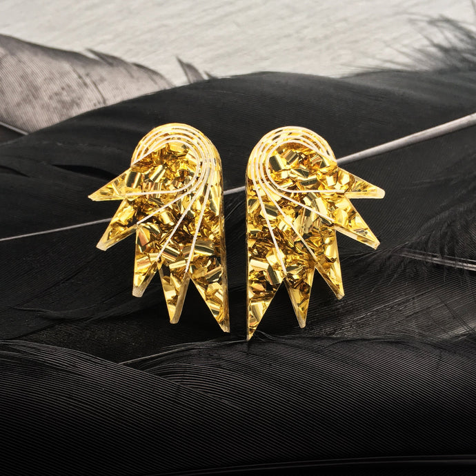 Australian Handmade Maine and Mara gold GLITTERY SPREAD YOUR WINGS MINI statement STUDS