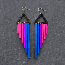 Load image into Gallery viewer, Pair of Handmade Maine and Mara BIFURIOUS Bisexual Pride Earrings with hook and long chimes